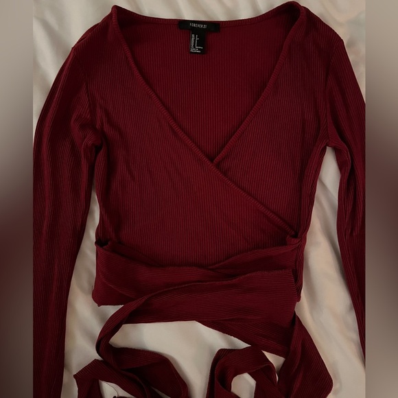 Forever 21 Small Ribbed Burgundy Tie-up Wrap Crop Top - Picture 7 of 11